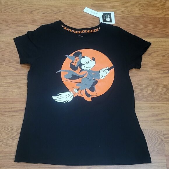 DISNEY Minnie Mouse Girl's Halloween T-SHIRT Witch Broom BLACK Orange Size 14 16 - Picture 1 of 5